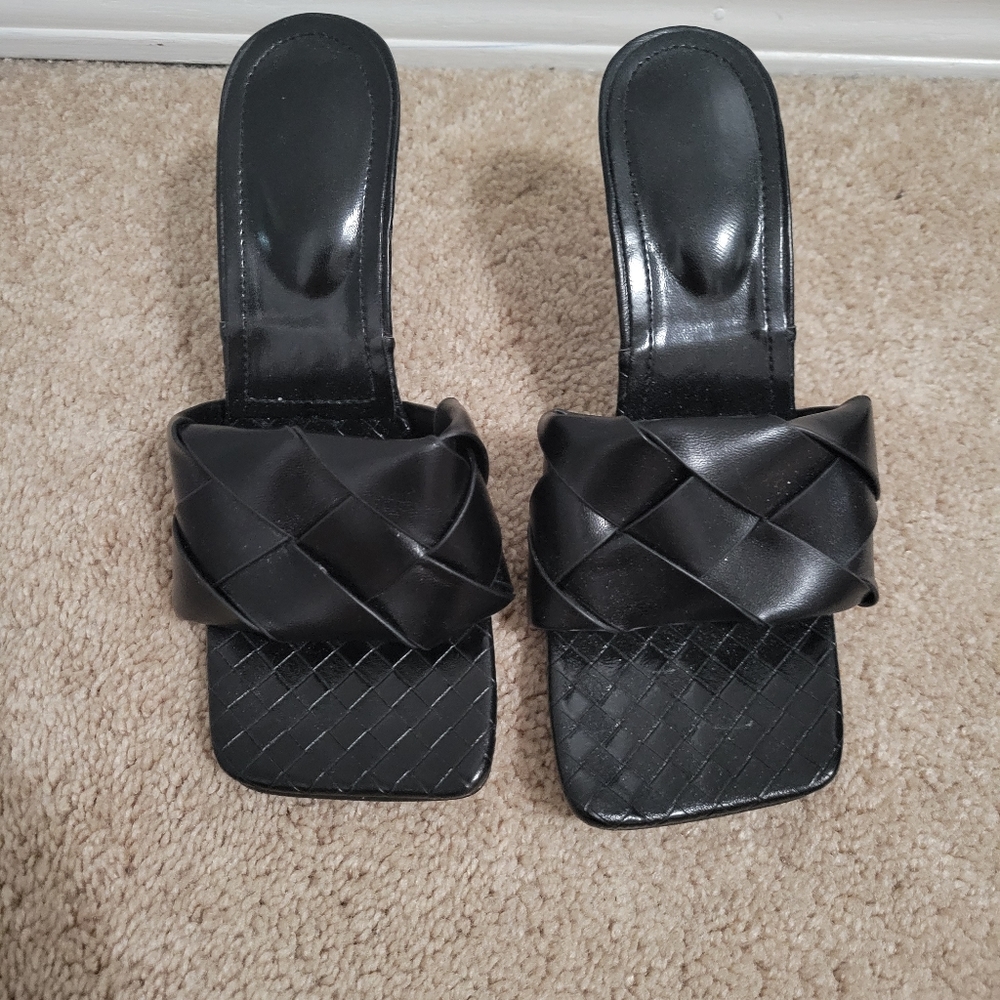 Black Woven Strap Women's Slide Heels